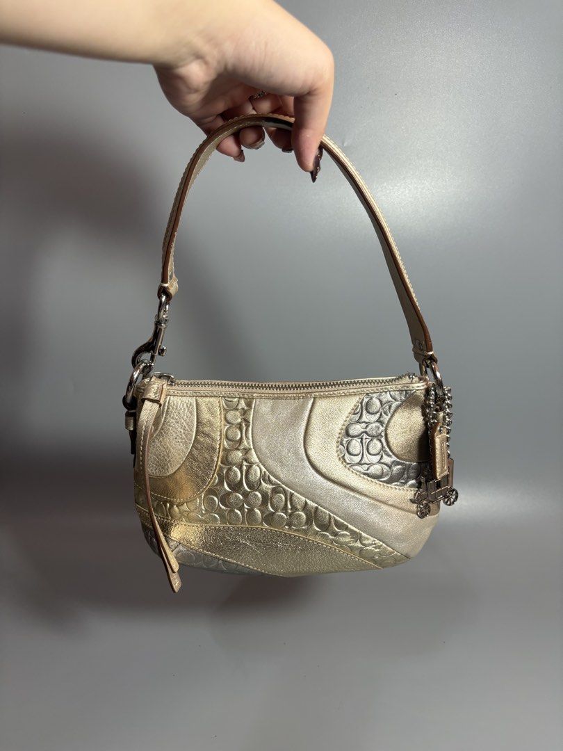 rare coach patchwork shoulderbag gold metallic (Category: Shoulder Bags) located in Manila. Submitted by cocorua.bags (Listing ID 1452149352, Image 1). Description: good condition. looks new may normal excess lang sa glue at the bottom and minimal signs of usage sa ilalim ng handle. authentic piece .