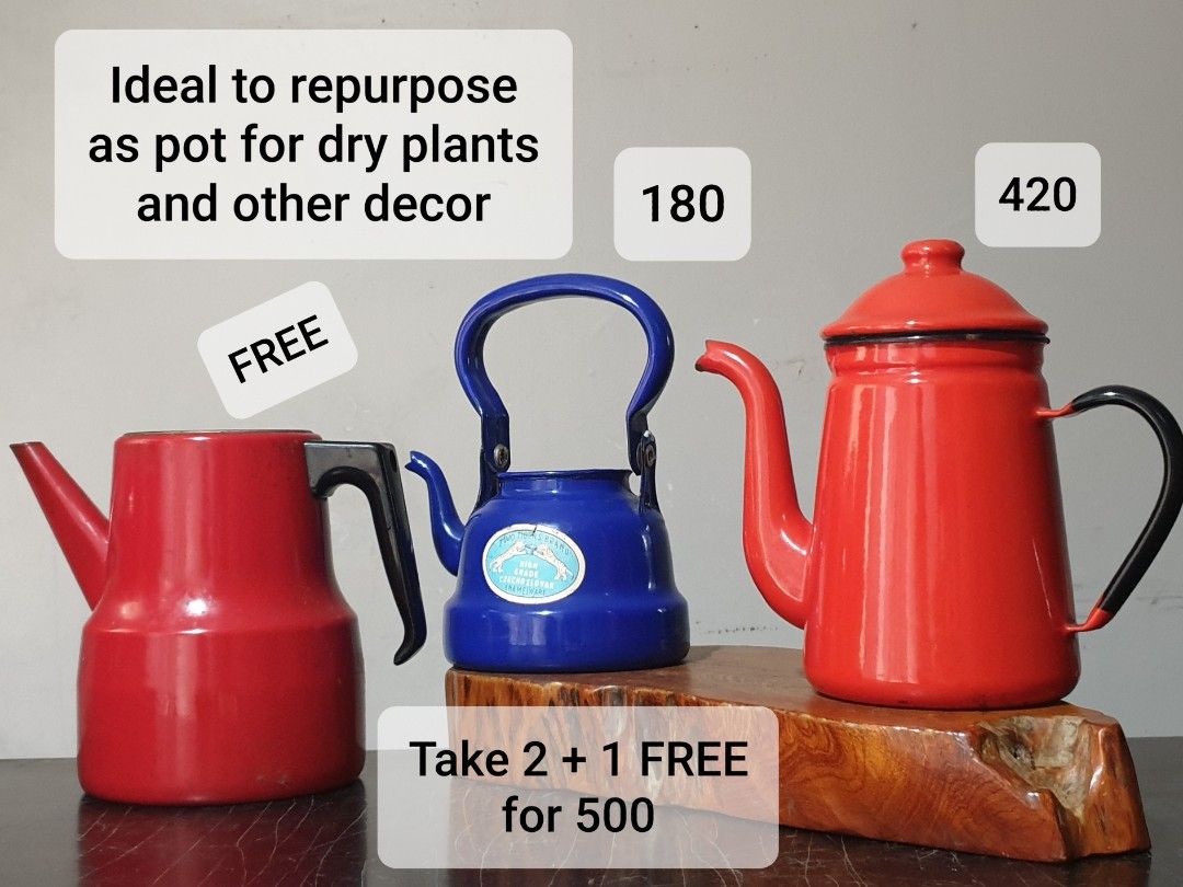 Retro Vintage Enamel Pots / Kettle (Category: Cookware & Accessories) located in Las Pinas. Submitted by oldsthetics (Listing ID 1452111390, Image 1). Description: Retro Vintage Enamel Pots / Kettles Add a retro accent to your kitchen, garden, patio and more. Great idea to repurpose as pot for dry plants/flowers, kitchen utensil organizer and other decorative display These are vintage items As is condition Preloved and not new Visible imperfectio