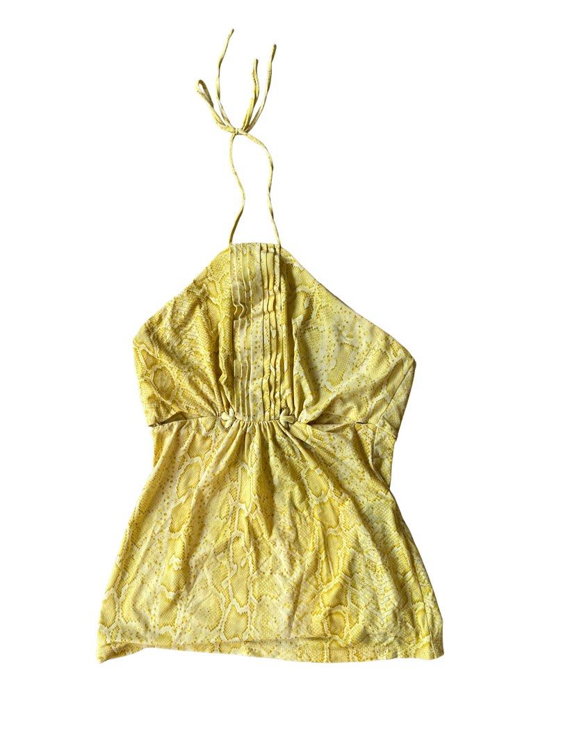 Roberto Cavalli Yellow Snake Print Halter Top (Category: Sleeveless) located in Makati City. Submitted by slavetorave (Listing ID 1452152003, Image 1). Description: - yellow halter top with snake print. - flattering ruching detail at the bust. - Adjustable tie halter neck for a customized fit. - Comfortable stretch fabric made from polyamide and elastane. - Size 40IT.