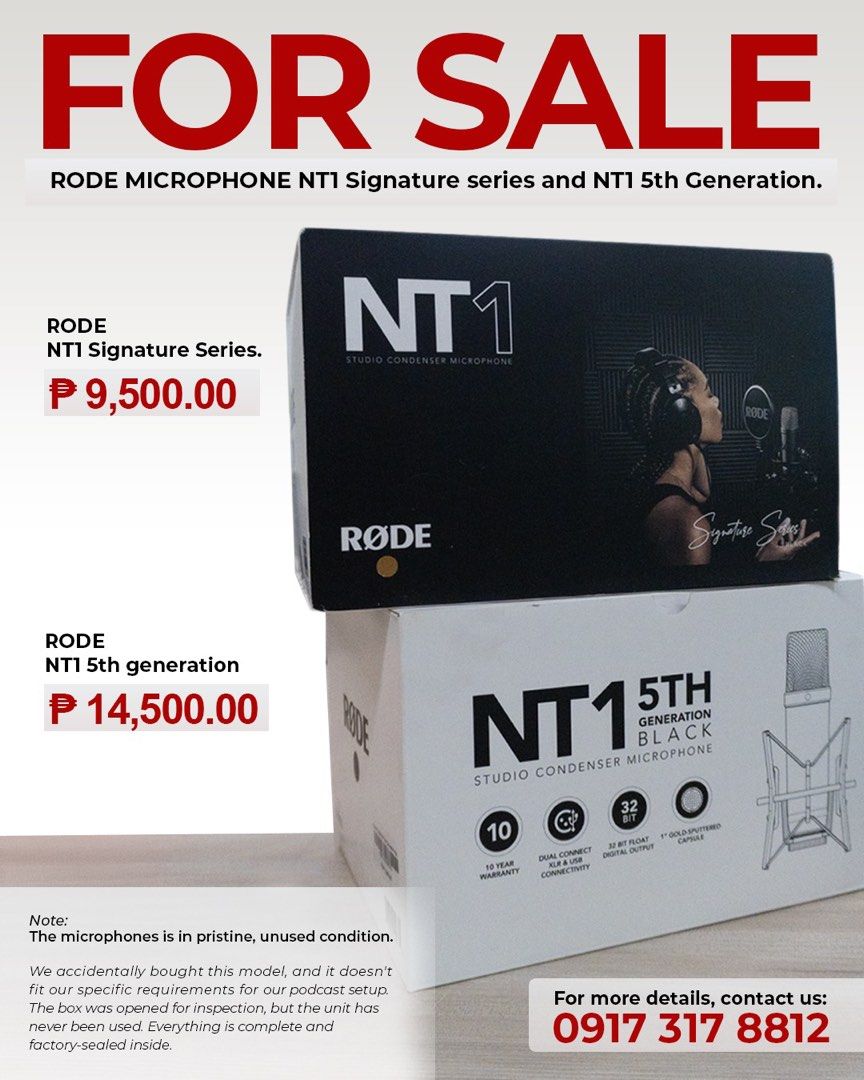 Rode Microphones (Category: Microphones) located in Mandaluyong City. Submitted by thegreat_bill (Listing ID 1452178316, Image 1). Description: 2 rode microphones for sale Rode NT1 Signature Series - P19,500 Rode NT1 5th Gen - P14,500 Brandnew, opened box to check if no issues and complete parts when purchased .