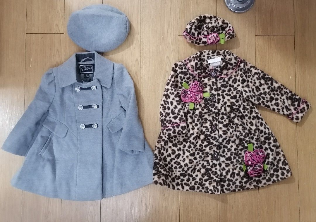 Rothschild & 24M Leopard Print Coat Set with Hats (Category: Babies & Kids Fashion) located in Pasig City. Submitted by ramsl (Listing ID 1452267100, Image 1). Description: Take both for 600 free delivery thru gogoexpress - Two adorable little girl's coats with matching hats. - Light grayRothschild wool-blend coat, size 3T. Features double-breasted buttons and a flared hem. Unused. - Fun leopard print fleece coat, size 24 months. Adorned with pin