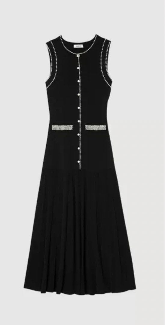 Sandro 同款Black Sleeveless Pearl Embellished Midi Dress （分類：連身裙）位於 Hong Kong。 由 kiki1357a 提交（商品編號 1452263599，圖片 2）。簡介： Very nice quality. Black midi dress. Sleeveless design. Pearl details along the neckline, armholes, and pockets. Button-up front. Pleated skirt section. Looks chic and classic. Great for dressing up or down.。