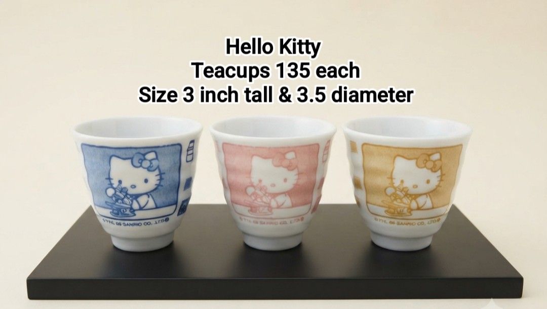 Sanrio Hello Kitty Ceramic Teacups (Category: Coffee & Tea Tableware) located in Binan City. Submitted by mayjhe (Listing ID 1452240966, Image 1). Description: 💛 For Sale 💛 🌸 Sanrio Hello Kitty 🍀 Ceramics Teacup 📍 Condition: Good 💰 Price is ₱ 135.00 each 👉 Other details posted 🇵🇭 Location Biñan Laguna 🛵 Courier J& T and Lalamove 📋 Shipping by schedule 📍 NO COD & COP 📌 All items are carefully packed and labeled with Fragile stickers f