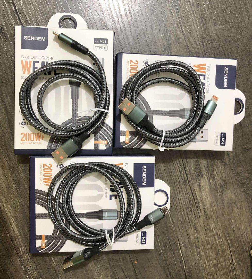SENDEM M52 WEAVE Fast Data Cable 200W (Micro, Type-C & Lightning) (Category: Cables & Adaptors) located in Mandaue City. Submitted by marj-legitseller (Listing ID 1452226309, Image 1). Description: - SENDEM M52 WEAVE Fast Data Cable - Supports up to 200W charging for super quick power-ups - Enables fast data transfer - Durable braided cable for long-lasting use - Available in Micro USB and Type-C connectors - Ideal for charging phones and other d