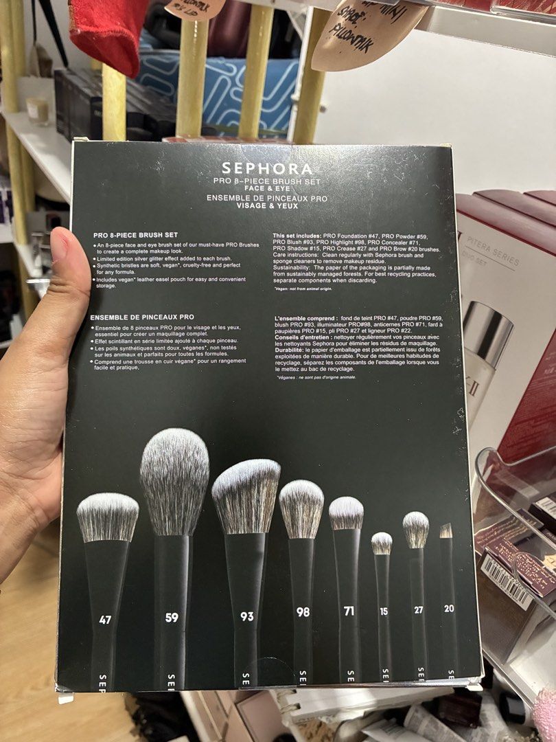 Sephora pro brush (Category: Face Care) located in Caloocan City. Submitted by thylina_west24 (Listing ID 1452313182, Image 1). Description: SEPHORA PRO BRUSH SET with box/ brand new A professional-quality 8-piece brush set from Sephora featuring essential face and eye brushes for a complete makeup routine. It includes tools for foundation, powder, blush, highlight, concealer, eyeshadow, crease, and brows—made with soft, cruelty-free bristles for