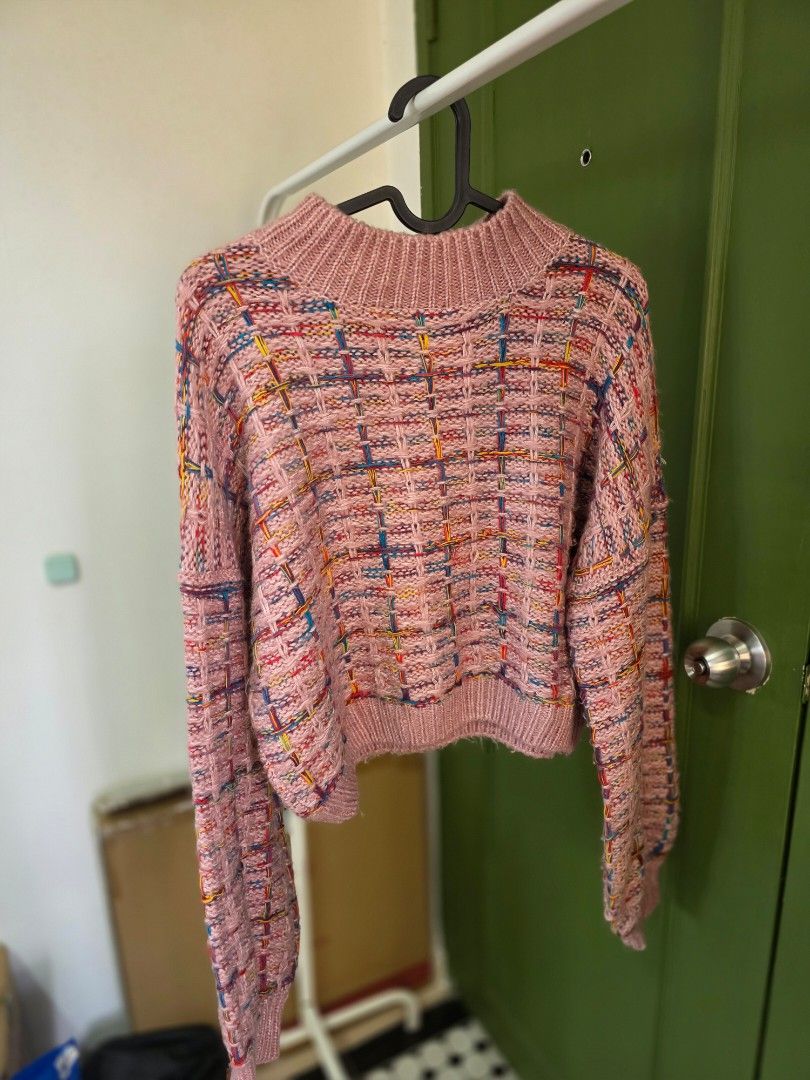 SHEIN Pink Knit Sweater with Colorful Thread Detail (Category: Longsleeves) located in Sungai Buloh. Submitted by fazryanav94 (Listing ID 1452143469, Image 1). Description: - Pink knit sweater from SHEIN - Textured weave with colorful threads - Ribbed neckline, cuffs, and hem - Soft, Cozy and stylish design - Ideal for layering or wearing solo.