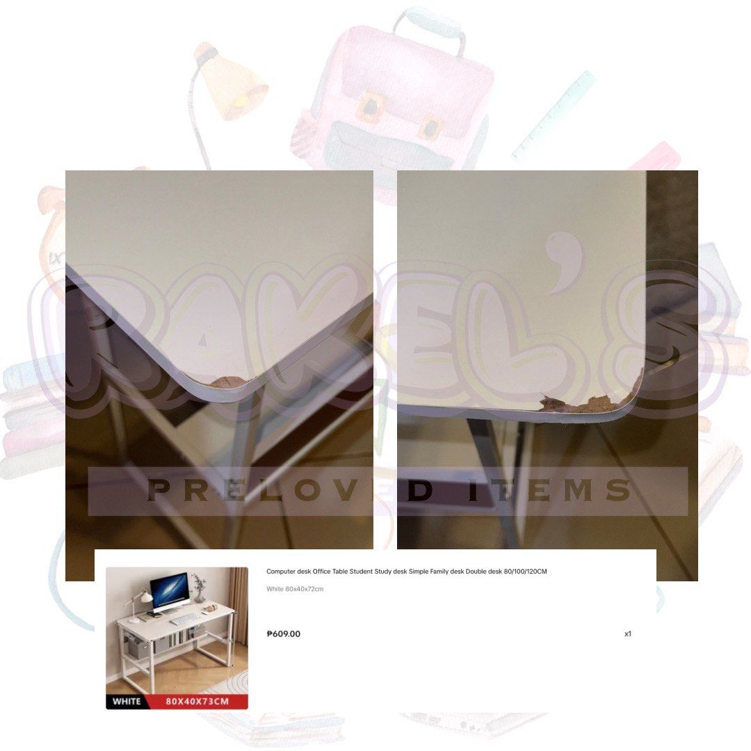Simple White Office Table/Study desk (Category: Office Furniture & Fixtures) located in Dasmarinas. Submitted by rakelstore (Listing ID 1452217682, Image 2). Description: RFS: Decluttering & Move-out pieces that will not be using anymore. This table have minor flaws upon receiving of item (Delivery issues). Price posted is below the original price I’ve bought the particular product (please see the last photo for proof). However, it is up for nego
