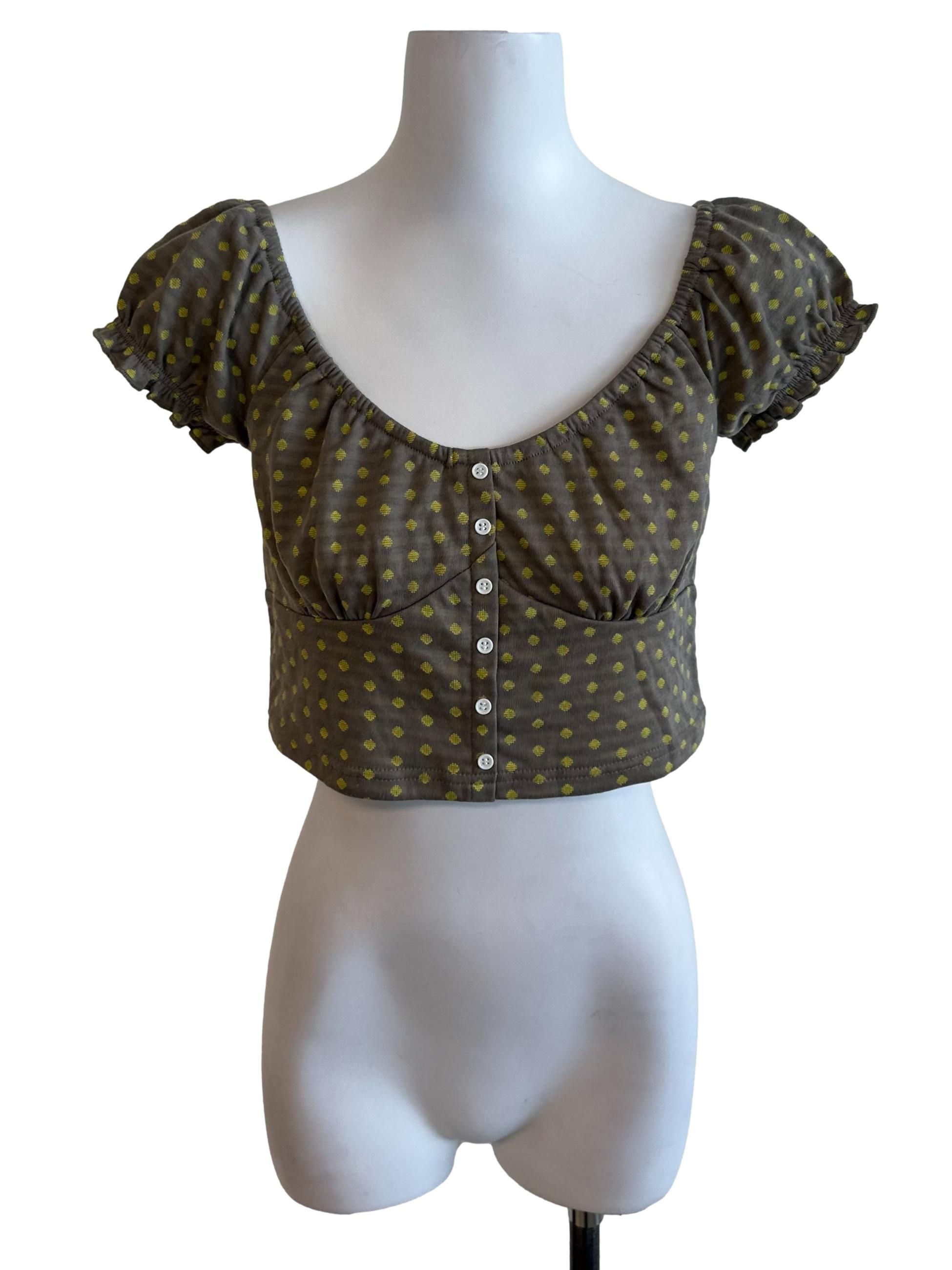 Something Borrowed Moss Grey Pattern Button Top (Category: Other Tops) located in Kuala Lumpur. Submitted by refashmy (Listing ID 1452283106, Image 1). Description: [Brand] Something Borrowed [Description] Decorative Buttons No Inner Lining Non Stretchable Material [Measurements] Size S PTP - 14'' Waist - '' Length - 14'' [Condition] Please allow 0.5-1 inch difference in our given measurements. Any variance within this range may not be considered