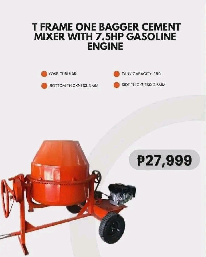 T Frame One Bagger Cement Mixer with 7.5HP Gasoline Engine (Category: Construction Tools & Equipment) located in Manila. Submitted by john_pelizar991 (Listing ID 1452109574, Image 1). Description: 📢One-Bagger Cement Mixer Bundle 🔴T-Frame with 7.5 Gas Engine Plus Freebies‼️ Option A. Welding Machine & Cordless Drill Option B. Portable Concrete Vibrator Option C. Impact Drill & Angle Grinder Also available in our store‼️ 🔴Light Construction Equi