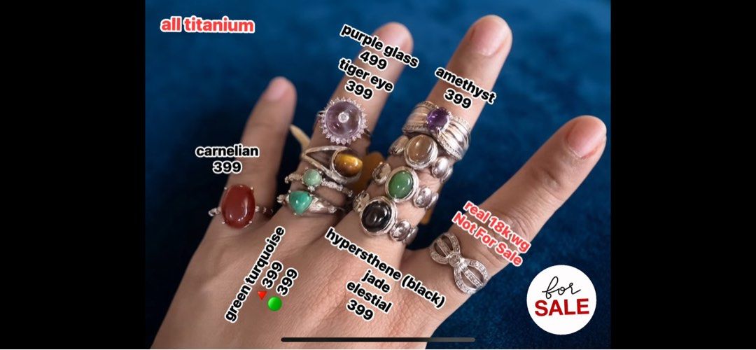 Titanium Rings (Category: Rings) located in Las Pinas. Submitted by vava2225 (Listing ID 1452262051, Image 3). Description: Turquoise Ring: A stunning lab-grown turquoise (12-13mm) in a non-fade, 5-micron setting (size 7.5, not adjustable) for ₱799, known as a lucky charm that brings prosperity and clear communication. Amethyst Ring: A gorgeous, non-fade adjustable amethyst ring set in durable titanium for only ₱399, perfect for relieving stress 
