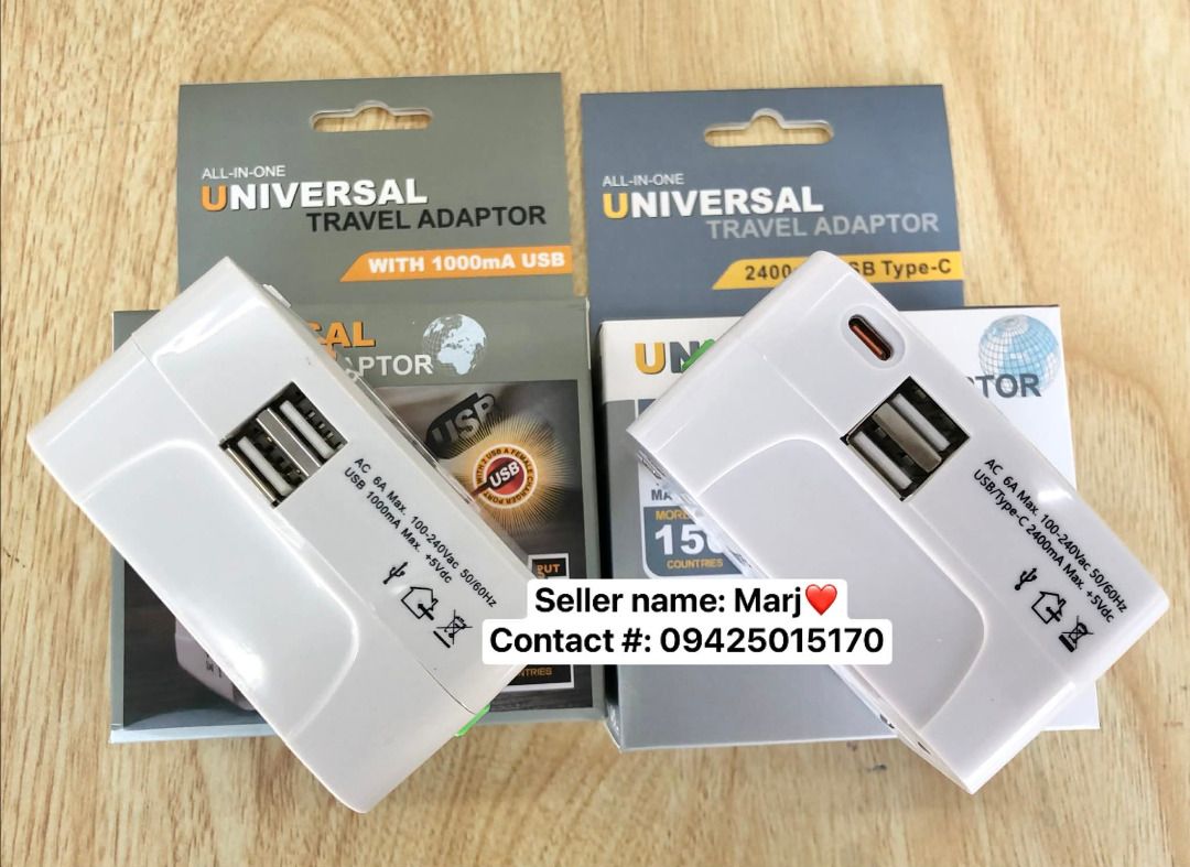 Travel Universal Adaptors Onhand (Category: Cables & Adaptors) located in Mandaue City. Submitted by marj-legitseller (Listing ID 1452230831, Image 1). Description: - All-in-one universal travel adapter compatible with over 150 countries. - Features retractable plugs for US, UK, AUS/NZ, and Europe. - Equipped with dual USB ports for charging multiple devices simultaneously. - Some models include a USB Type-C port for faster charging. - Built-in s