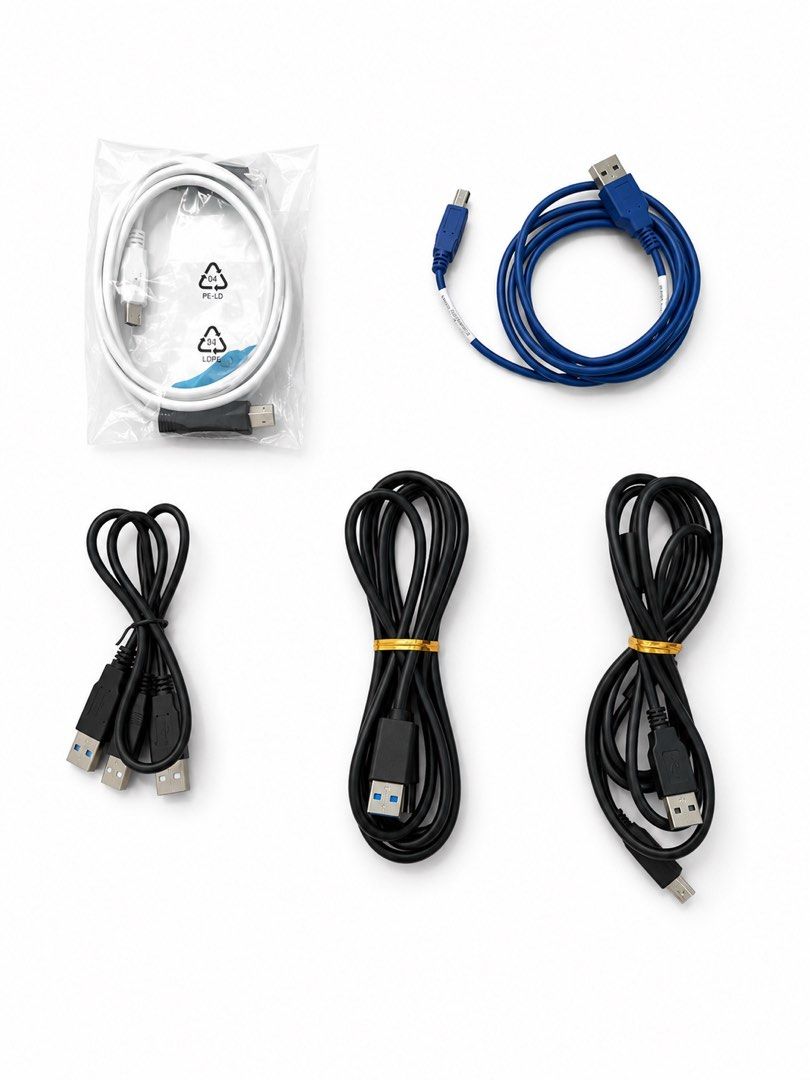USB Printer Cable (Category: Cables & Adaptors) located in Singapore. Submitted by the.real.thing (Listing ID 1452167117, Image 1). Description: - Bundle of 5 USB cables - 1 x White USB-A to USB-C cable (new in packaging) - 1 x Blue USB-A to Micro USB cable - 2 x Black USB-A to USB-A cables - 1 x Black USB-A to Micro USB cable - Ideal for charging devices and data transfer.