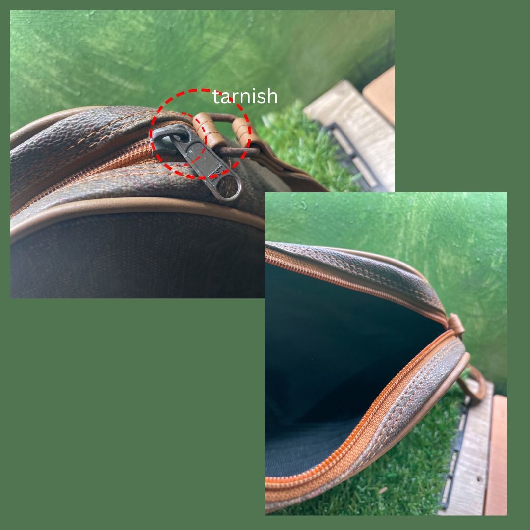 Vintage Celine Pouch Bag Brown Monogram (Category: Luxury Bags & Wallets) located in Quezon City. Submitted by eilgaraje (Listing ID 1452317507, Image 2). Description: - Dimensions: 26cm (length) x 18cm (height) - Secure zipper closure - small wrist strap - Hardware shows slight tarnish - Interior is clean and well-maintained - Ideal for organizing travel essentials or daily necessities - issue Tarnish in buckles for restoration japan surplus.