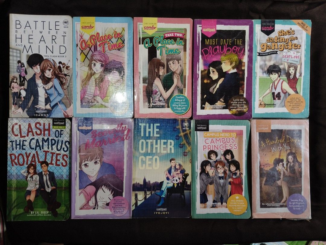 Wattpad Romance Books - Various Authors (Category: Storybooks) located in Quezon City. Submitted by delidessyyy (Listing ID 1452130319, Image 1). Description: If per piece, the price varies. If bundle, you may get it for 1000 php instead of 1250 php. - Bundle of 25 Wattpad romance novels. - Perfect for fans of Wattpad romance. - Includes popular titles like: - Clash of the Campus Royalties - Battle Between The Mind - A Love Like In Time - The Oth