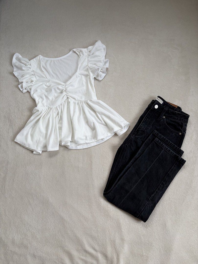 White Ruffle Sleeve Square Neck Ruched Peplum Top (Category: Blouses) located in Cebu City. Submitted by ohpetite (Listing ID 1452117372, Image 2). Description: • pretty when worn • never used • easy to pair.