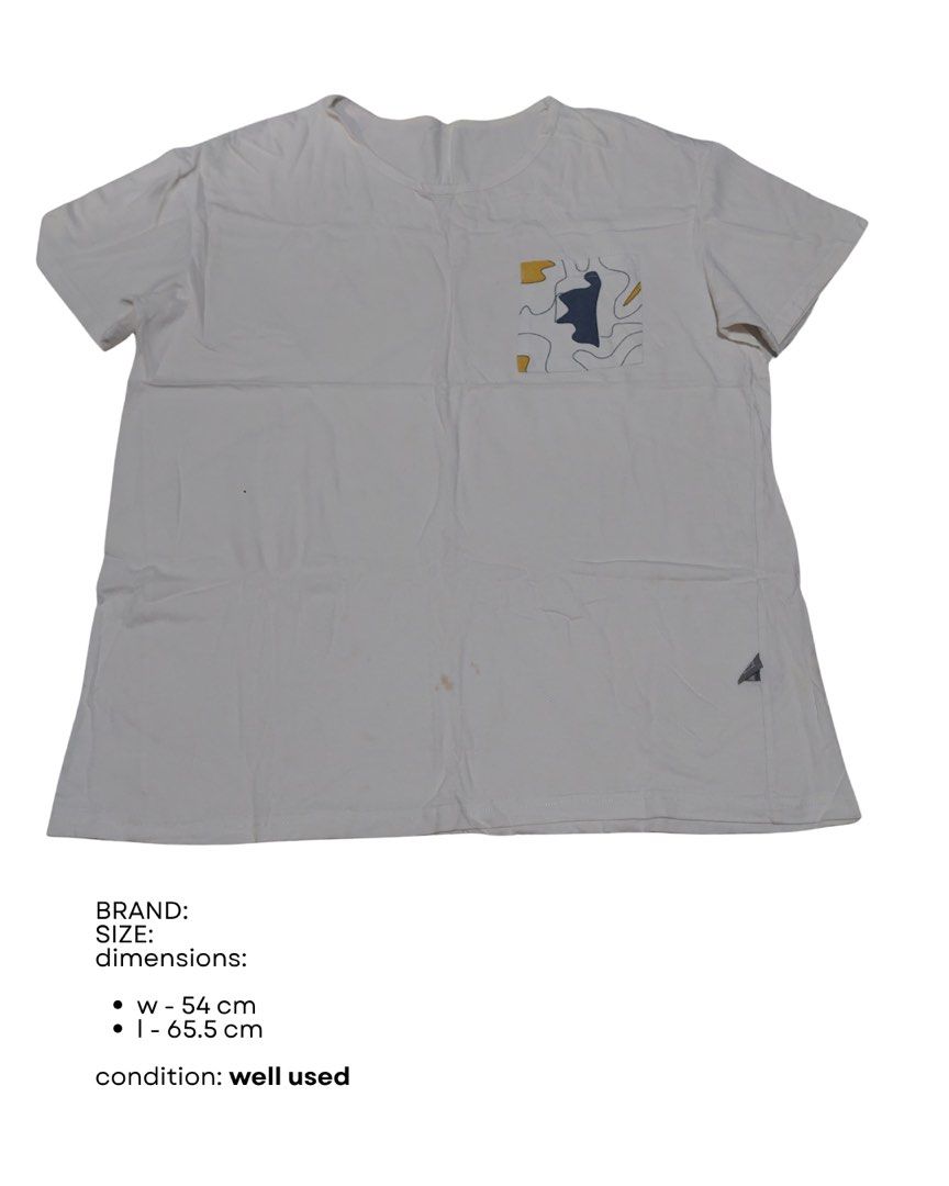 White T-shirt with Abstract Pocket Design (Category: Tshirts & Polo Shirts ) located in Quezon City. Submitted by _ysxh (Listing ID 1452133902, Image 1). Description: - White t-shirt - Unique abstract design on chest pocket - Size: Medium (approx. 54cm width, 65.5cm length) - Perfect for casual outfits - Shipping to be shouldered by buyer (Item is located in Quezon City) - Mode of Payment: Online transfer to BDO or BPI, E-wallet (GCash and Maya) 