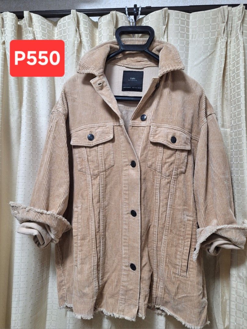 Zara Corduroy Oversized Jacket (Category: Coats, Jackets and Outerwear) located in Manila. Submitted by markflora110888 (Listing ID 1452200216, Image 1). Description: - Zara tan corduroy jacket - Oversized fit - Button closure - Two chest pockets - Side pockets - Frayed hem and cuffs - Comfortable and stylish - Perfect for layering.