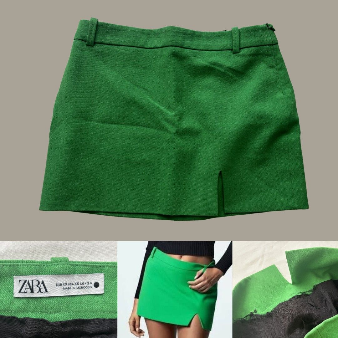 Zara Green Mini Skirt with Slit (Category: Skirts) located in Paranaque City. Submitted by liz.declutters (Listing ID 1452108062, Image 1). Description: - Cute green mini skirt from Zara - Features a small slit on the front - Perfect for adding a pop of color - Issue: Inner lining no longer in tact. Not noticeable when worn.