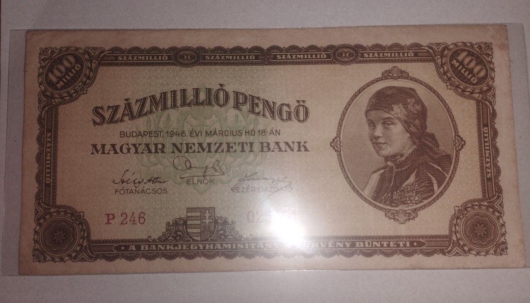 Hungary-100 Million Pengo (1946) (Category: Currency) located in Baguio. Submitted by maximum_carnage (Listing ID 1452456373, Image 1). Description: - Collectible 100 Million Pengo banknote - Origin: Hungary, dated 1946 - Features: Magyar Nemzeti Bank (front), Hungarian Parliament Building (reverse) - A unique piece of historical currency.