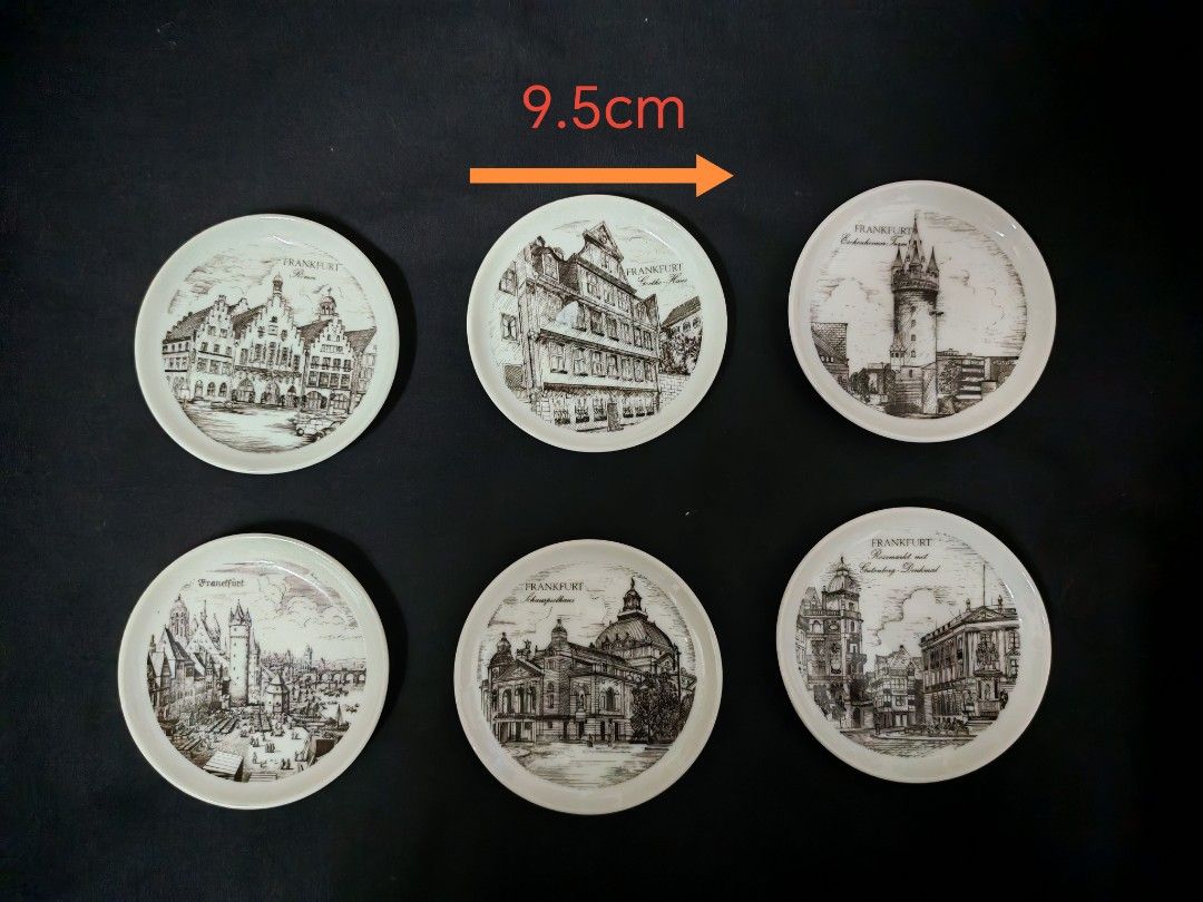 🇩🇪 VINTAGE FRANKFURT GERMANY SOUVENIR PLATES – ROYAL PORZELLAN BAVARIA KPM – SET OF 6 🇩🇪 (Category: Dinnerware & Cutlery) located in Kuala Lumpur. Submitted by penduga_arus88 (Listing ID 1452478410, Image 3). Description: Refer to image/images 📏 Size: Approx. 9.5cm each 📦 Selling as a combo of 6 – Not selling separately A charming vintage collection of Frankfurt, Germany souvenir plates, each featuring a different historic architectural sce