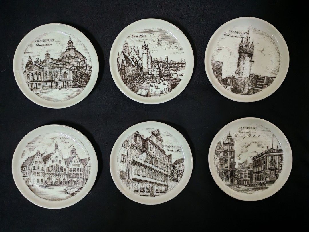 🇩🇪 VINTAGE FRANKFURT GERMANY SOUVENIR PLATES – ROYAL PORZELLAN BAVARIA KPM – SET OF 6 🇩🇪 (Category: Dinnerware & Cutlery) located in Kuala Lumpur. Submitted by penduga_arus88 (Listing ID 1452478410, Image 1). Description: Refer to image/images 📏 Size: Approx. 9.5cm each 📦 Selling as a combo of 6 – Not selling separately A charming vintage collection of Frankfurt, Germany souvenir plates, each featuring a different historic architectural sce