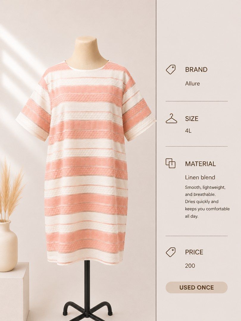 Allure Striped Linen Blend Dress Size 4L (Category: Dresses) located in San Fernando. Submitted by patrishdg (Listing ID 1452362012, Image 1). Description: - Brand: Allure - Style: Striped Dress - Material: Linen Blend (smooth, lightweight, breathable, quick-drying) - Size: 4L - Occasion: Casual Wear.