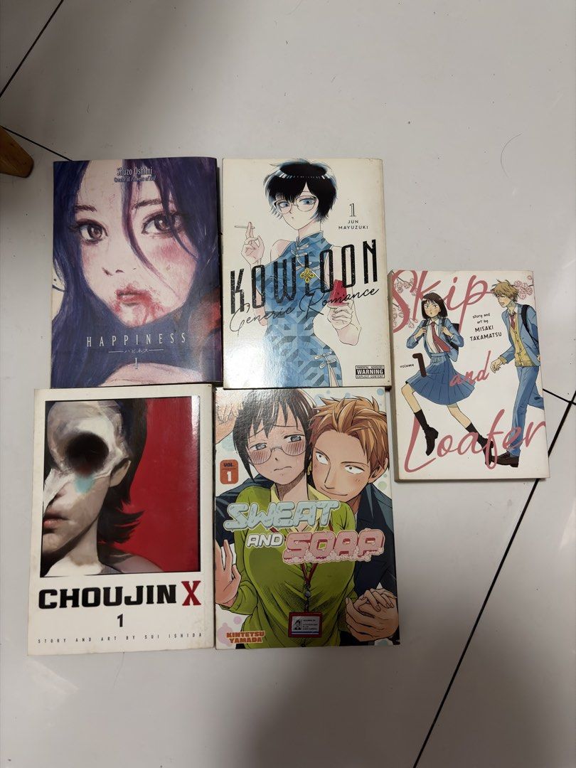 Assorted Mangas (Category: Comics & Manga) located in Manila. Submitted by safefox_932a04 (Listing ID 1452425458, Image 1). Description: - Set of 5 Japanese manga volumes - Includes: Choujin X Vol 1, Happiness Vol 1, Kowloon Generic Romance Vol 1, Skip and Loafer Vol 1, Sweat and Soap Vol 1 > item condition: slight yellowing but overall good condition >resell price: Happiness Vol. 1 - 400 Kowloon Generic Romance Vol. 1 - 300 Choujin X Vol. 1 - 30