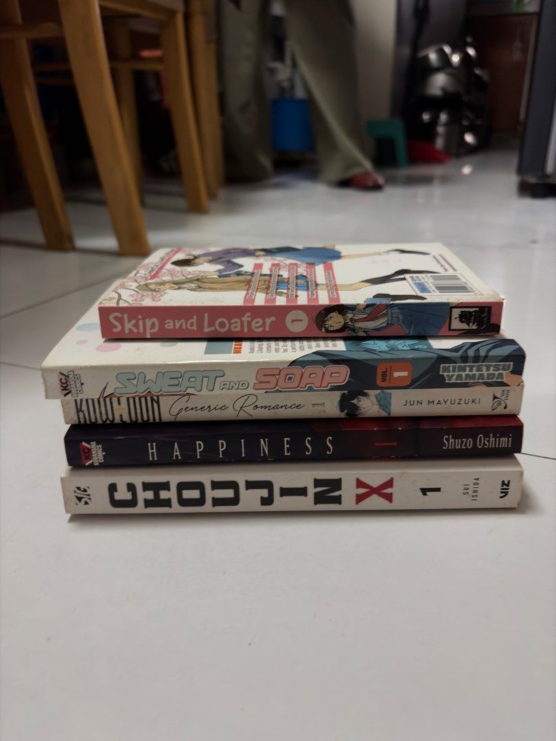 Assorted Mangas (Category: Comics & Manga) located in Manila. Submitted by safefox_932a04 (Listing ID 1452425458, Image 2). Description: - Set of 5 Japanese manga volumes - Includes: Choujin X Vol 1, Happiness Vol 1, Kowloon Generic Romance Vol 1, Skip and Loafer Vol 1, Sweat and Soap Vol 1 > item condition: slight yellowing but overall good condition >resell price: Happiness Vol. 1 - 400 Kowloon Generic Romance Vol. 1 - 300 Choujin X Vol. 1 - 30