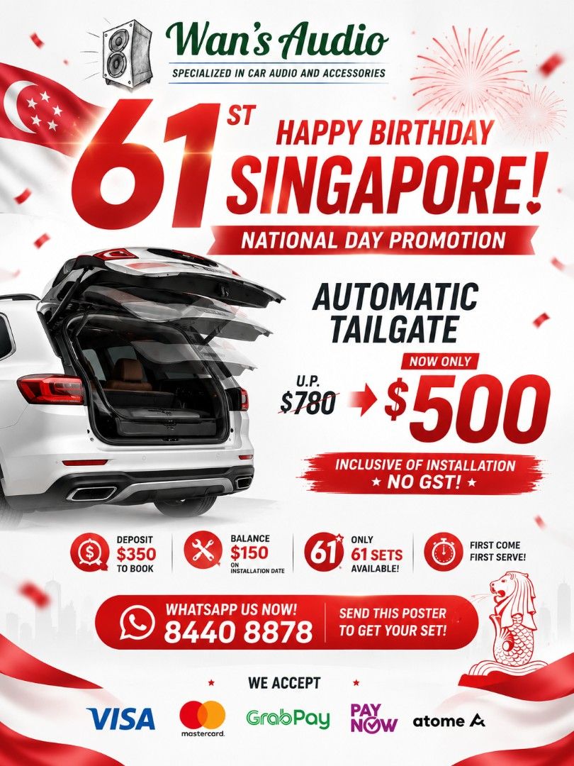 Automatic tailgate CHEAPEST (Category: Racks & Protection) located in Singapore. Submitted by wansaudio (Listing ID 1452437363, Image 1). Description: "Can you lower your price for your tailgate" We say YES this national day to celebrate and wish Singapore peace and prosperity this 61st birthday! $500 tailgate for most make and cars. msg us =) Fastest fingers first!.