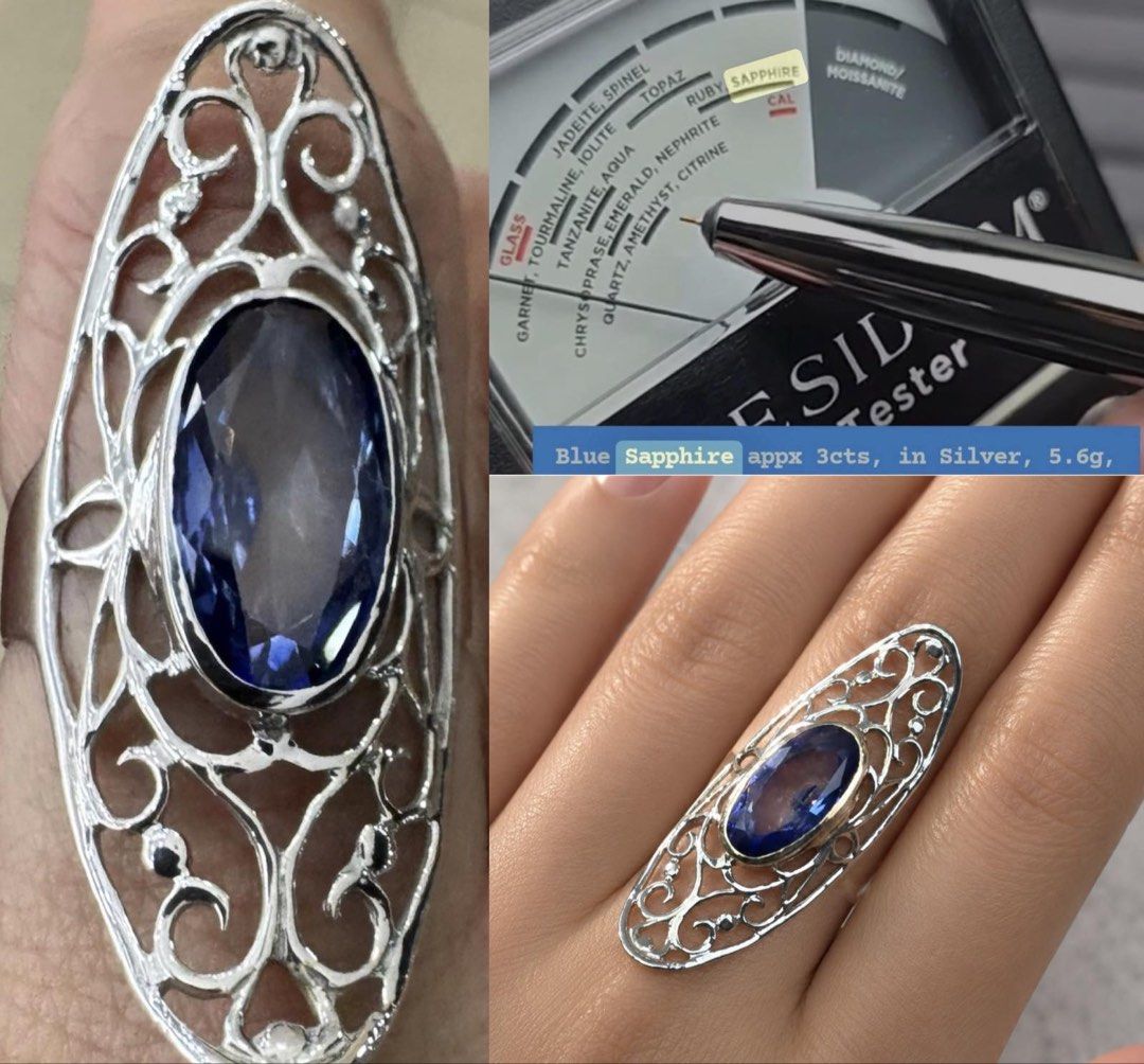 Blue Sapphire Ring in Silver - Approx. 3cts (Category: Rings) located in Quezon City. Submitted by applesvee (Listing ID 1452352251, Image 1). Description: - Oval cut blue sapphire ring - Approximately 3 carat sapphire - Set in ornate silver, white gold plated - Silver weight: 5.6 grams - Gem tested and confirmed as blue sapphire - Beautiful statement piece.