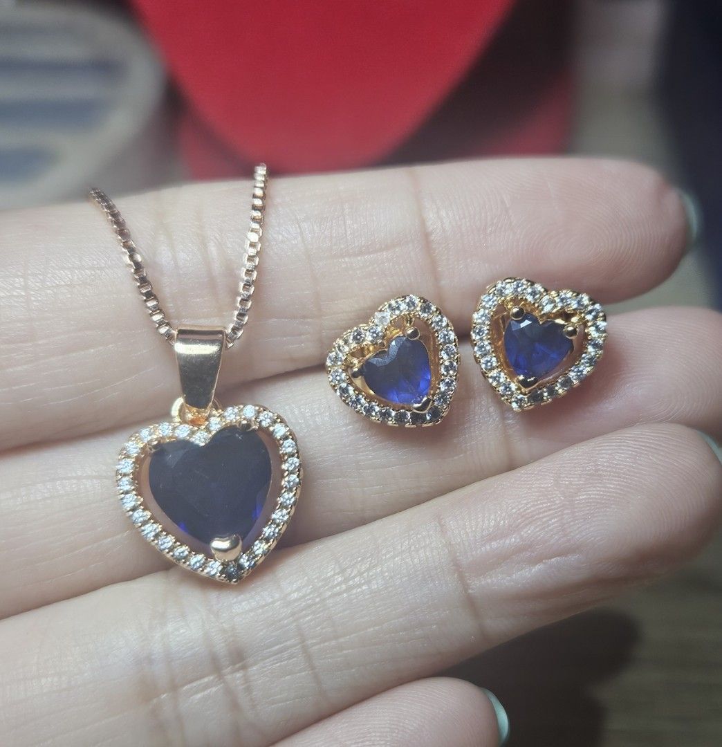 Blue Spinel Stone Heart Jewel Set (Category: Necklaces) located in Cainta. Submitted by Kahi0410 (Listing ID 1452426176, Image 2). Description: Natural Stone Rosegold plated setting 17inch chain Stud earrings side stone zircon Hypoallergenic Safe for acidic, sensitive skin.