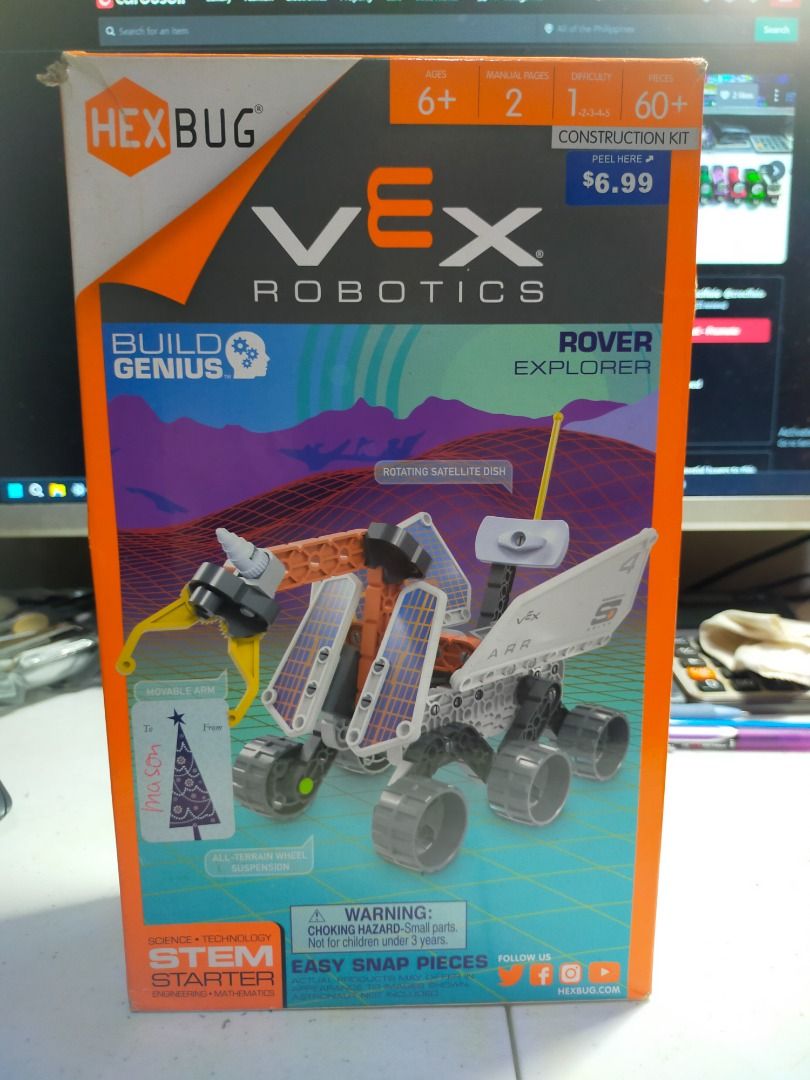 Brand New HEXBUG VEX Robotics Rover Explorer STEM Starter Construction Kit (Category: Lego & Building Sets) located in Marikina City. Submitted by crocifixio (Listing ID 1452333904, Image 2). Description: Authentic USA-purchased HEXBUG VEX Robotics Space Rover Explorer construction kit. Brand new, factory sealed internal components. Outer retail box has some minor shelf wear/gift marker writing on the front panel, priced competitively at ₱650 for