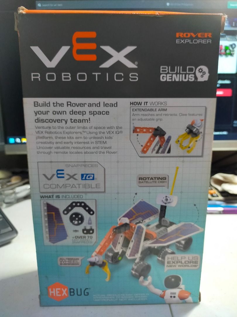 Brand New HEXBUG VEX Robotics Rover Explorer STEM Starter Construction Kit (Category: Lego & Building Sets) located in Marikina City. Submitted by crocifixio (Listing ID 1452333904, Image 3). Description: Authentic USA-purchased HEXBUG VEX Robotics Space Rover Explorer construction kit. Brand new, factory sealed internal components. Outer retail box has some minor shelf wear/gift marker writing on the front panel, priced competitively at ₱650 for