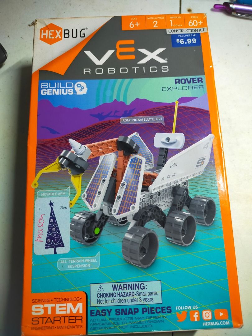Brand New HEXBUG VEX Robotics Rover Explorer STEM Starter Construction Kit (Category: Lego & Building Sets) located in Marikina City. Submitted by crocifixio (Listing ID 1452333904, Image 1). Description: Authentic USA-purchased HEXBUG VEX Robotics Space Rover Explorer construction kit. Brand new, factory sealed internal components. Outer retail box has some minor shelf wear/gift marker writing on the front panel, priced competitively at ₱650 for
