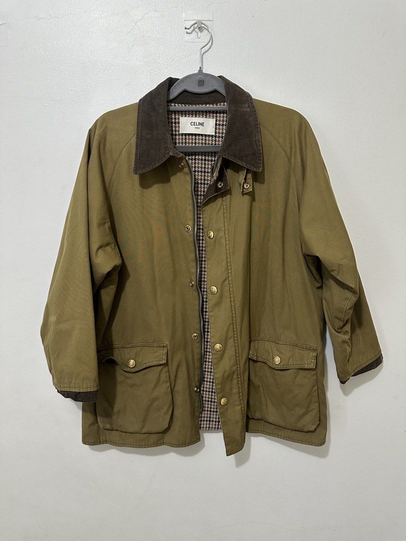 Celine Corduroy Collar Hunting Jacket (Category: Luxury Apparel) located in Quezon City. Submitted by andyclave (Listing ID 1452412987, Image 3). Description: Details: Brand: Celine Color: Olive Green Brown corduroy collar and cuff accents Gold-tone logo snap buttons Two front flap pockets Houndstooth/check interior lining Relaxed fit with raglan sleeves Classic luxury outerwear that never goes out of style Condition: Pre-owned with normal signs 
