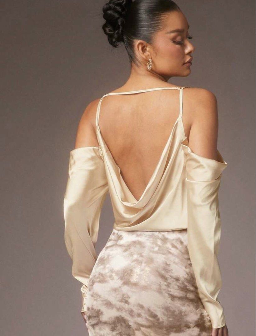 Champagne gold satin off shoulder top (Category: Others Tops) located in Manila. Submitted by wearmine2.0 (Listing ID 1452430874, Image 3). Description: Brand new with tag So elegant Perf for all occasion Last price posted .