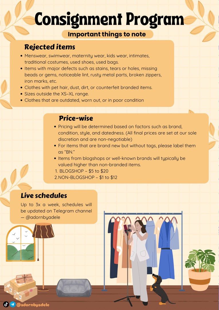 Consignment Program (Category: Announcements) located in Singapore. Submitted by adornbyadele (Listing ID 1389400167, Image 3). Description: Reach out for consignment opportunities with me, I sell clothes on tt live (4-5 lives per consignor) 😚 Accepting both blogshop and non-blogshop items, preloved or brand new 🌻 I can help you clear your closet effortlessly and you earn 50% comms, no need to list your items one by one or lug them to flea mark