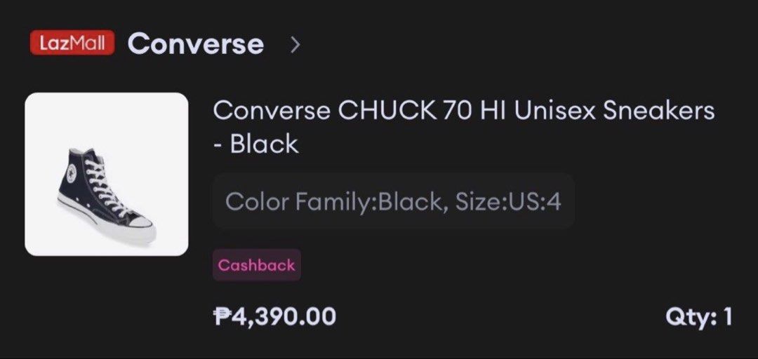 Converse Chuck 70 Unisex Sneakers (Category: Sneakers) located in Quezon. Submitted by achicoco (Listing ID 1452411299, Image 3). Description: -Converse Chuck Taylor 70s Black -2 beses lang nagamit, 100% LEGIT -Size: 6- 23cm -Price : Php 3800 (Still Negotiable) -Can Meetup for checking either SM FAIRVIEW/ STARBUCKS LA CONSOLACION PM me for Questions.