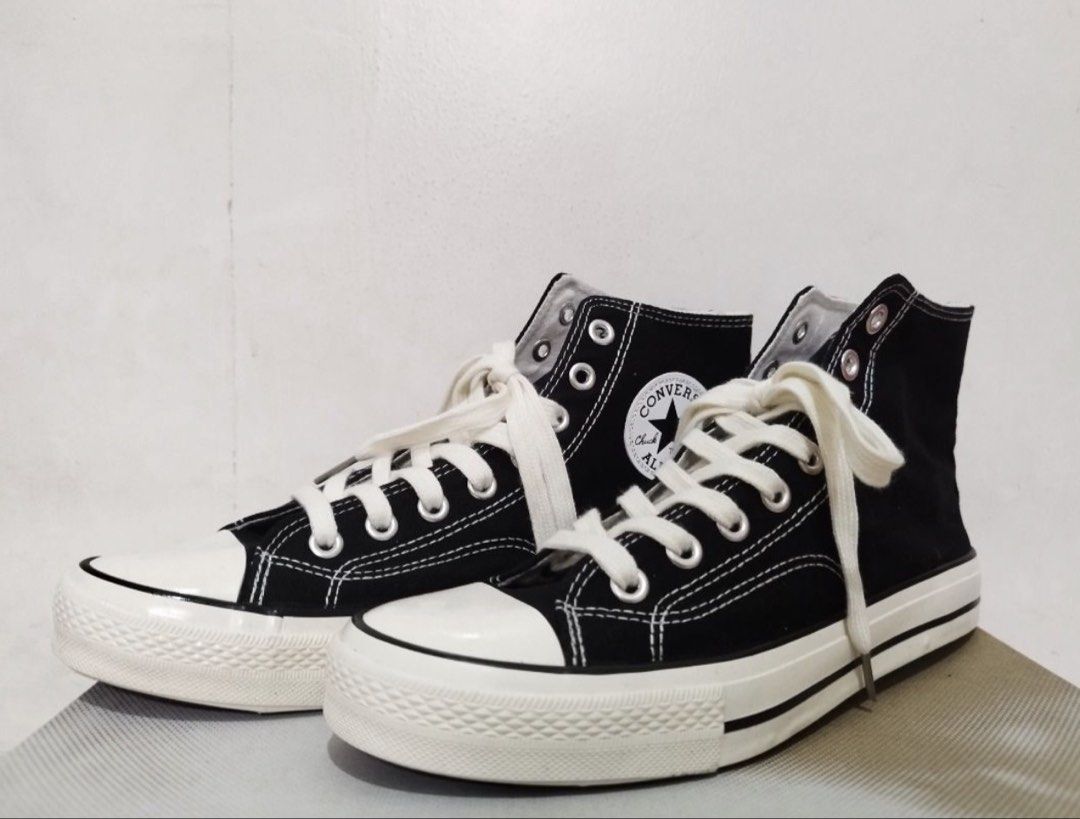 Converse Chuck Taylor Unisex All Star High Top Black (Category: Casual Shoes) located in Makati City. Submitted by welchh (Listing ID 1452468461, Image 1). Description: - Classic black Converse high-tops - White laces and white toe cap - White stitching details - Durable rubber sole - Ideal for everyday wear - Easily pairs with any outfit - What you see is what you get - No Box - Never used - Men’s 7.5 - Women’s 9.5.