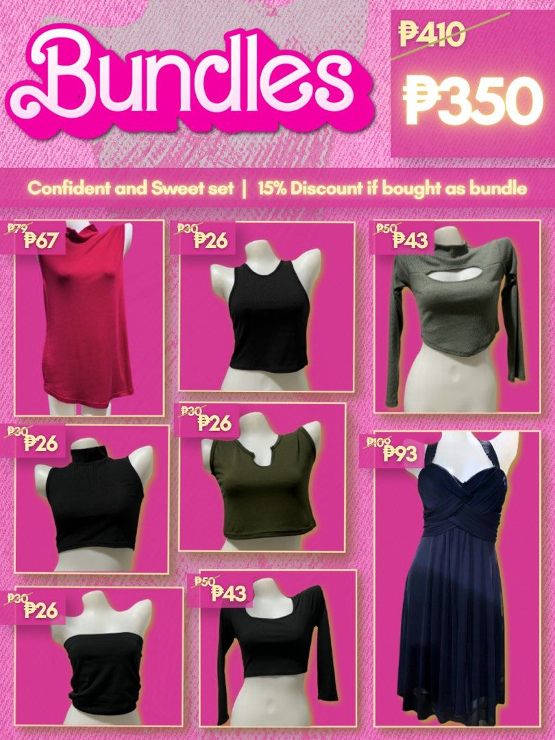 Decluttering Clothes in Bundles (Category: Sets or Coordinates) located in Manila. Submitted by 777inastar (Listing ID 1452428548, Image 2). Description: Get these cute clothing bundles! Choose from the 'Hyper feminine set' or the 'Confident and Sweet set'. Both offer a 15% discount when bought as a bundle. Mix and match to build your own set too!.