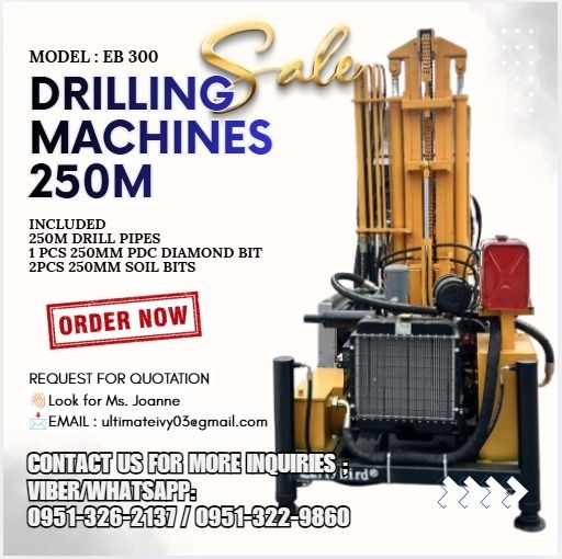 EB 300 Drilling Machines 250M (Category: Construction Tools & Equipment) located in Caloocan City. Submitted by joanna165_ocean (Listing ID 1452341483, Image 1). Description: Water Well Drilling Rig Model : EB 300 Drilling Machines 250m Overall Dimension: 2300*1200*1700mm Drill weight :1750KG Engine Power:42KW/56HP Product Usage :Drilling Water Wells Drill pipe Length :2M Borehole diameter : 76-325mm Mud Pump: BW-*160 Drill pipe diameter :60mm Dr