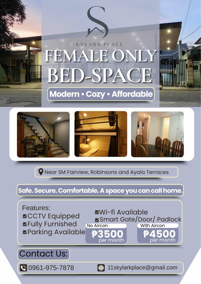 Female Bed space (Category: Room Rentals) located in Caloocan City. Submitted by 11skylark (Listing ID 1452321128, Image 1). Description: Limited slots available! P3500/mo No Reservations. 1st come 1st served. Perfect for Students, Teachers, Sales Ladies, Call Center & Young professionals. Free Gated motorcycle parking. Located at skylark st. Zabarte Subdv. Brgy Kaligayahan, Nova. Quezon City Walking distance to: Quirino Highway starbucks, lander