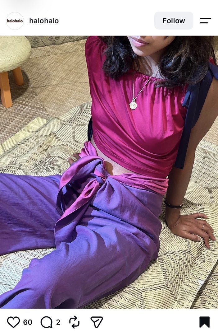 Halohalo Malong Pants (Category: Other Bottoms) located in Taguig. Submitted by bnbee (Listing ID 1452361340, Image 2). Description: Silky and flowy beach pants. Sizing: M/L Perfect jewel toned purple and pink. Highly adjustable and can be tied at the waist. Comfy enough to be worn on the beach but color is so rich it can also pass for a beach wedding outfit. Rfs: dont use it enough Would rather keep than sell low.