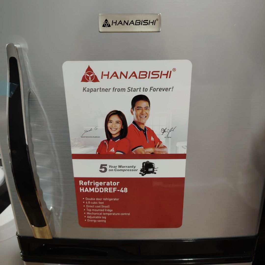 Hanabishi Double Door Refrigerator HAMDDREF-48 (Category: Refrigerators and Freezers) located in Manila. Submitted by sofiared (Listing ID 1452328107, Image 2). Description: - Hanabishi Double Door Refrigerator - Model: HAMDDREF-48 - Capacity: 4.8 cubic feet - Cooling Type: Direct Cool, Frost-Free - Features: Mechanical Temperature Control, Adjustable Legs - Benefit: Energy Saving, Keeps Food Fresh.