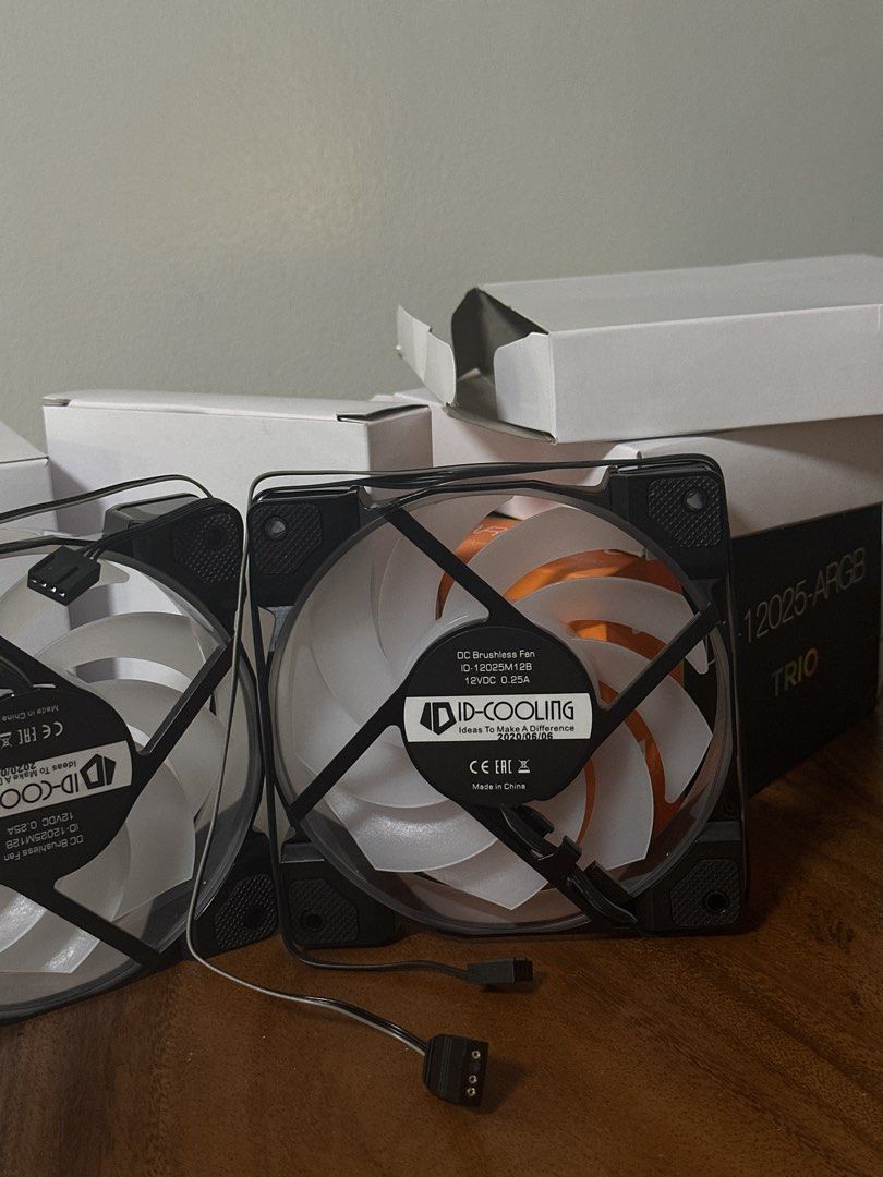 ID-COOLING DF-12025-ARGB 2-Fan Pack (Category: Computer Parts) located in Makati City. Submitted by macalinaojr (Listing ID 1452371997, Image 1). Description: - Brand new 2-pack of ID-COOLING DF-12025-ARGB TRIO fans - Size: 120mm DC brushless fans - Lighting: Addressable RGB (ARGB) for customizable effects - Control Options: Sync with motherboard ARGB or use the included remote controller - Ideal for PC builds, enhancing both cooling and aestheti