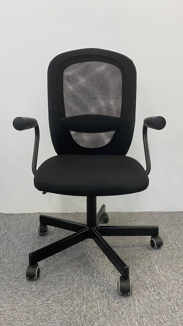 IKEA FLINTAN Office Chair with Armrests (Category: Chairs) located in Kuala Lumpur. Submitted by tlser (Listing ID 1452370477, Image 1). Description: - Mint condition, slightly used only - Have 4 pcs available for sale - Black mesh back office chair - Armrests for personalized comfort - Sturdy base with smooth-rolling wheels - Ideal for home office or study use - Swivels and rolls effortlessly - Designed for long sitting hours.