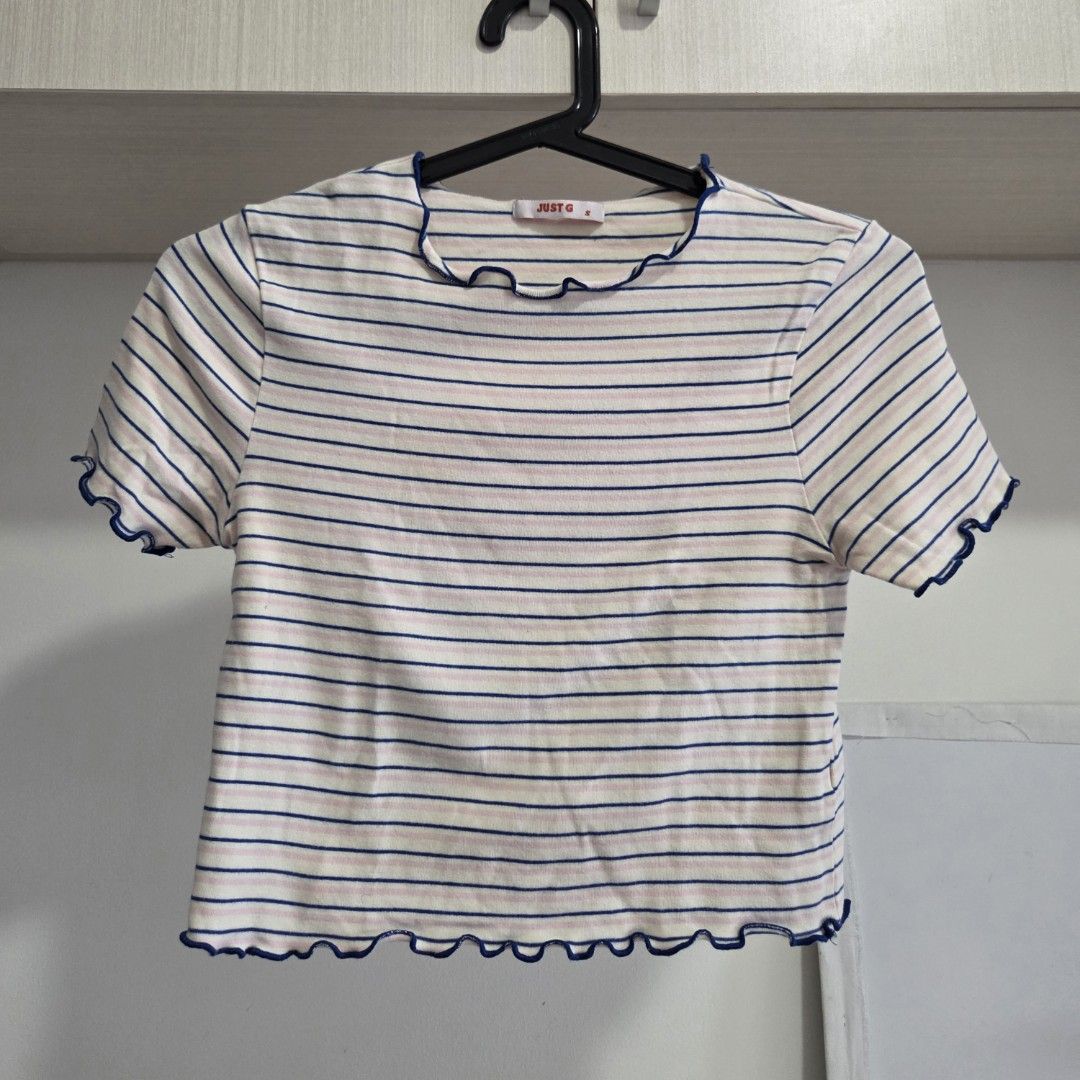 Just G Striped Lettuce-Hem Crop Top (Category: Blouses) located in Manila. Submitted by weirdlysa (Listing ID 1452375816, Image 1). Description: - Just G branded crop top - white color with blue and pink stripes - dark blue lettuce hem on the neckline and sleeves - best fits women's size S-M - stretchy, light material - good condition.