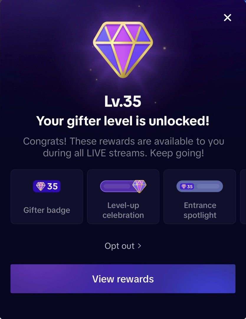 Level 35 TikTok Account (Category: Vouchers) located in Kuala Lumpur. Submitted by popmart.my (Listing ID 1452505878, Image 1). Description: - Level 35 Gifter status achieved! - Special rewards for all live streams. - Includes a unique gifter badge. - Enjoy level-up celebrations. - Get an entrance spotlight. - Continue to unlock even more rewards!.