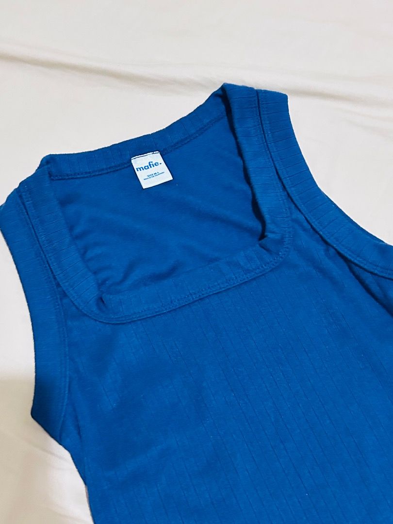 Mafie Blue Square Neck Ribbed Tank Top (Category: Sleeveless) located in Cavite. Submitted by allyyyu (Listing ID 1452494671, Image 2). Description: Mafie Ribbed Tank Top - size M-L - used once only - no issue just a bit small for me Location: Cavite.