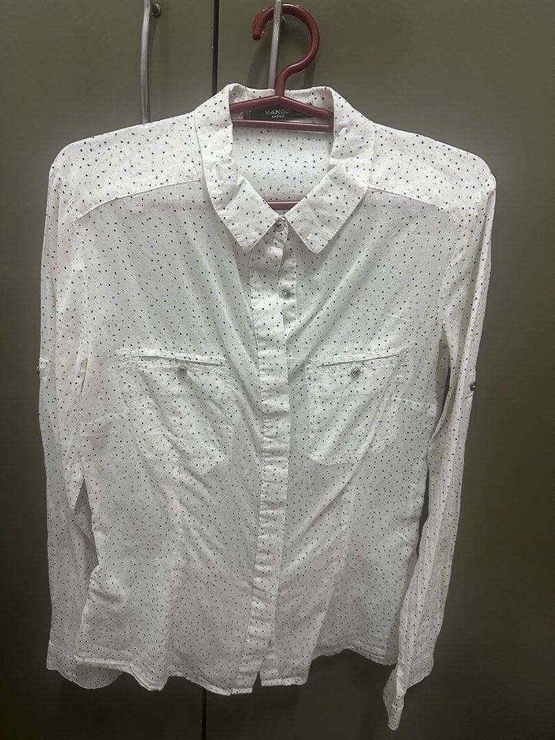 Mango button down shirt (Category: Longsleeves) located in Manila. Submitted by msf10 (Listing ID 1452484157, Image 1). Description: This Mango Basics shirt features a subtle polka dot pattern and functional chest pockets. RFS: decluttering.
